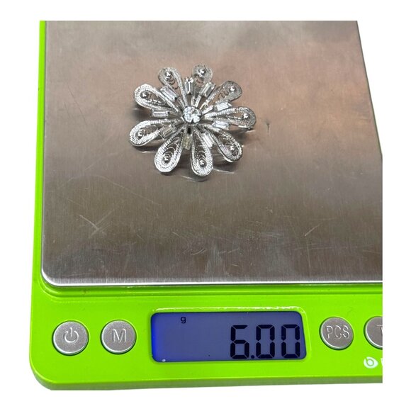 Vintage Sterling Silver Filigree Flower Brooch Intricate Starburst Rhinestone - Picture 5 of 5
